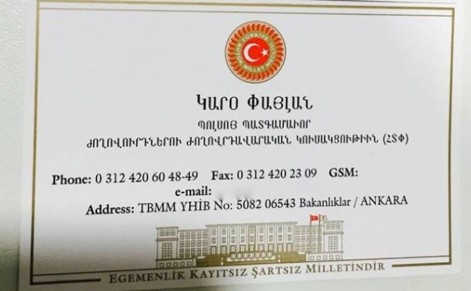 Turkey’s Armenian MP prints business card in Armenian language