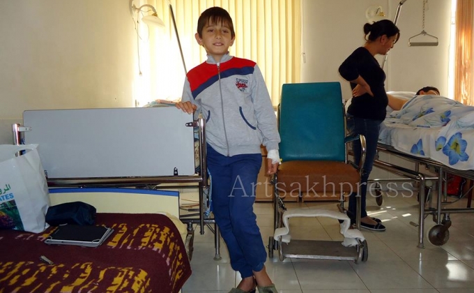 Gevorg Grigoryan wounded by Azerbaijani bombardment starts to walk on crutches