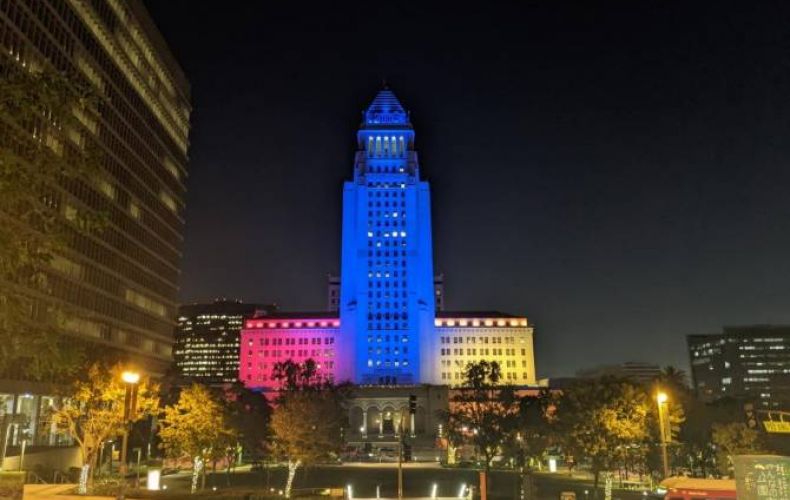 Los Angeles City Hall lit up in Armenian flag colors in commemoration of Artsakh war victims