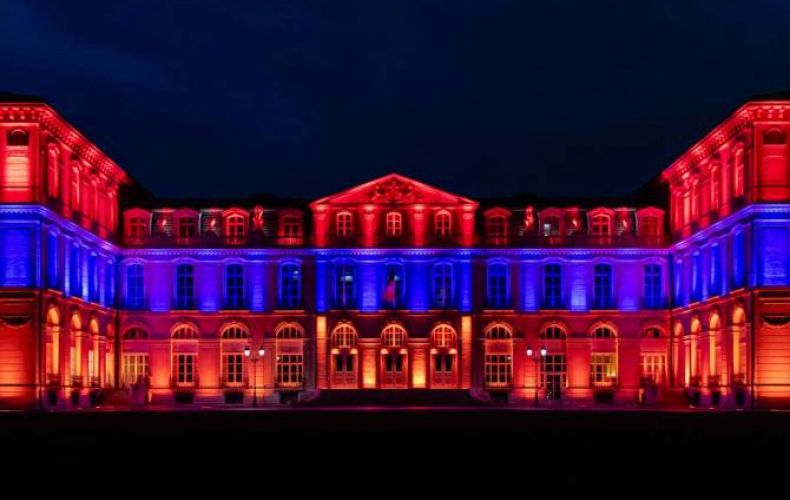 Palais du Pharo of Marseille lit up in Armenian flag colors in memory of genocide victims